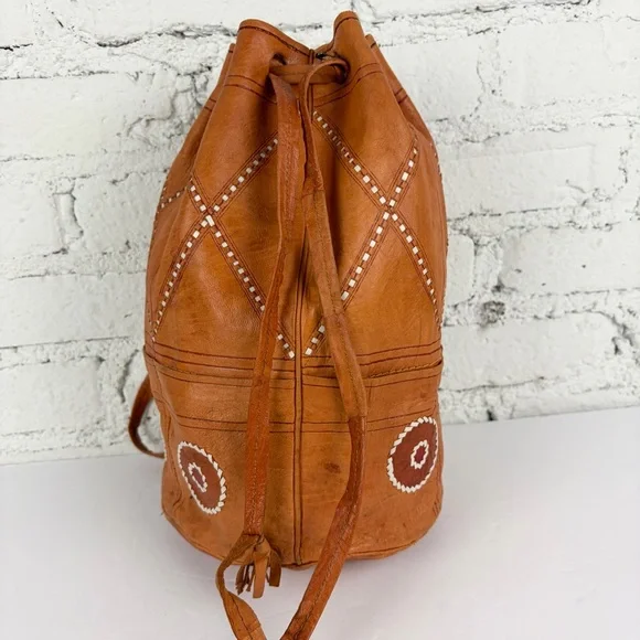 VTG Genuine Leather Drawstring Whipstitch Patchwork Bucket Bag Vintage - Picture 4 of 12